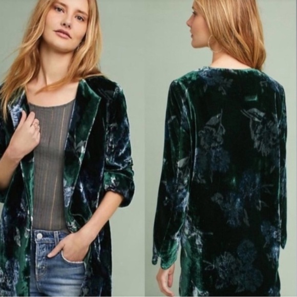 Eva Franco Anthropologie Green Floral Velour Jacket Size XS Jacket Open Front - Picture 1 of 4